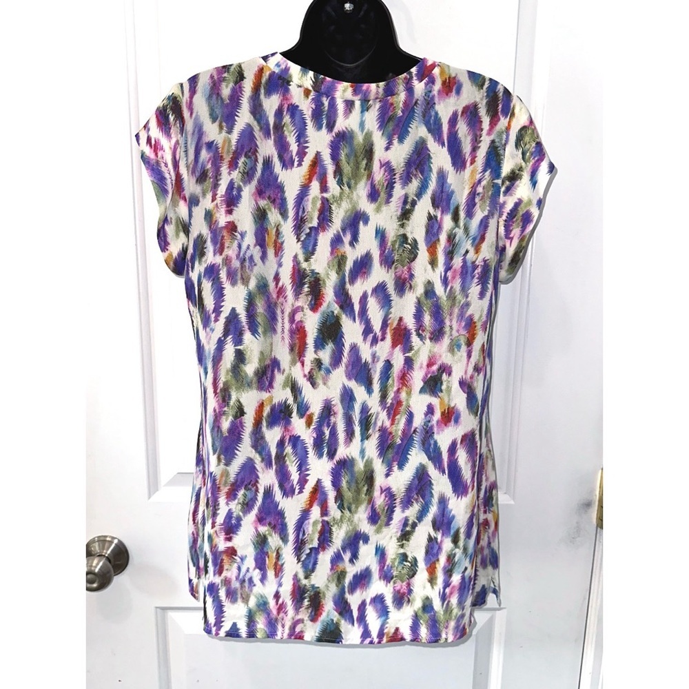 Cabi Womens Blouse Purple Multi Feather Print Rainbow Plume Top 5027 - Picture 5 of 7